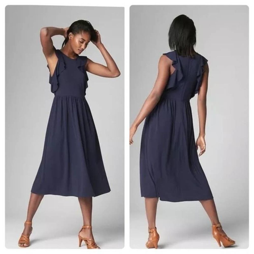 Gap Fit and Flare Navy Blue Midi Ruffle Sleeve Dress Size 16